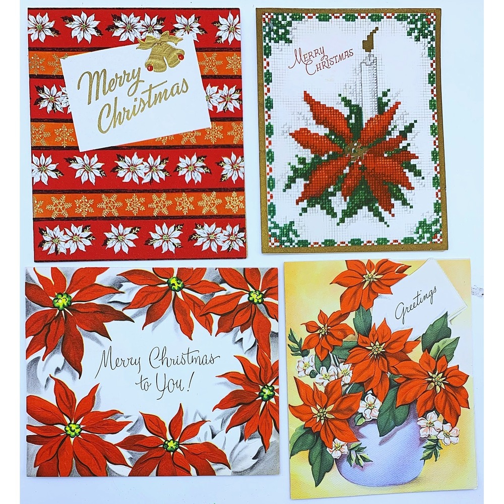 Vtg Merry Christmas Greetings Card Lot "Poinsettia Fever" 4 Unused-USA 1940s-50s